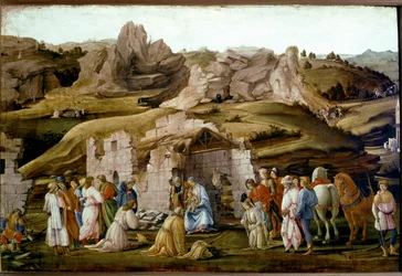 Maagisten palvominen. noin 1480. (Öljy ja tempera puulle)