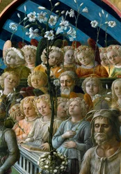 Neitsyen kruunaus. Yksityiskohta liljankukkia pitelevistä laulavista enkeleistä. Oikealla alhaalla oleva hahmo on Johannes Kastaja, Firenzen suojeluspyhimys. Maalaus (1457-1504)