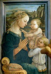 Neitsyt ja lapsi ja kaksi enkeliä Detrempe puulla kirjoittanut Filippo Lippi (1406-1469) 1465 noin. Himmeä. 92x63 cm Firenze, Galleria degli Uffizi (toimistot)