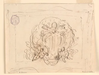 Piirros, Paavi Benedictus XIV:n vaakunalla varustettu taulu, taustalla kuori, 1740-58.