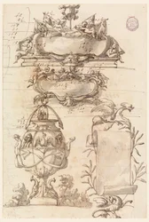 Piirustus, Kaksi lippalappua, koristeellinen maljakko ja käärö, 1750-75