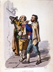 Soittimet (säkkipilli). Kaiverrus F. Palizzan maalauksen jälkeen. Francesco de Bourcardin teoksesta "Napolin kuningaskunnan puvut"