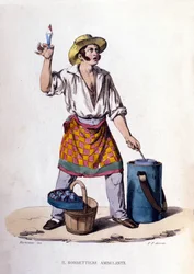 Napolin kaupungin pienyritys: jäätelön ja sorbettien myyjä. Kaiverrus F. Palizzan maalauksen jälkeen. Francesco de Bourcardin teoksesta "" Costumi del regno di Napoli""