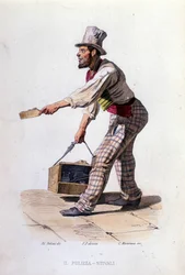 Napolin kaupungin pienyritys: kengänkiillotus. Kaiverrus F. Palizzan maalauksen jälkeen. Francesco de Bourcardin teoksesta "" Costumi del regno di Napoli""