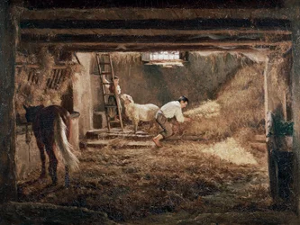 Näkymä tallin sisätiloihin "", Filippo Palizzin (1818-1899) maalaus.