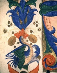 Missal 515 1r Zoomorfinen lehtireunus, yksityiskohta ennen vuotta 1449 tehdystä kuorokirjasta (88903:n yksityiskohta)