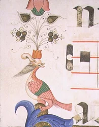 Missal 515 f.120v Groteski lintu ihmispäällä, yksityiskohta koristeellisesta reunasta ennen vuotta 1449 tehdystä kuorokirjasta (vellum)