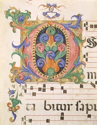 Missal 515 f.123r Alkukirjain "O", koristeltu lehvillä ja fantastisilla lintuilla, yksityiskohta kuorokirjasta, joka valmistettiin ennen vuotta 1449 (vellum)