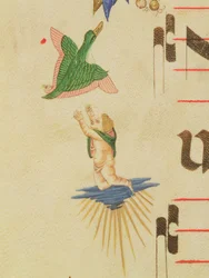 Missal 515 f.13v Viittaan puettu kerubi yrittää saada kiinni lentävää lintua, koristeellisesta reunuksesta, yksityiskohta kuorokirjasta, joka on toteutettu ennen vuotta 1449, pergamentti, yksityiskohta 56721