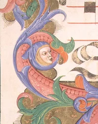 Missal 515 f.156r Zoomorfinen lehdet päällystetyllä päällä, yksityiskohta koristeellisesta reunasta ennen vuotta 1449 tehdystä kuorokirjasta