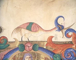 Missal 515 f.169r Fantastinen lintu, yksityiskohta historiallisen alkukirjaimen ympärillä olevasta koristeesta, kuorokirjasta, joka on tehty ennen vuotta 1449 (pergamentti) (yksityiskohta 56720:sta)