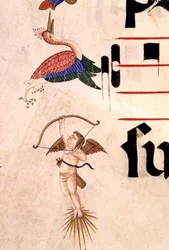 Missal 515 f.5r Kerubi ampumassa haikaraa jousella ja näkymättömällä nuolella, yksityiskohta koristeellisesta reunasta ennen vuotta 1449 tehdystä kuorokirjasta (vellum)