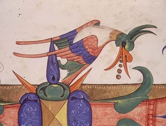 Missal 515 f.72v Fantastinen lintu, koristelu yksityiskohta historiallisesta alkukirjaimesta "L" kuorokirjasta, joka valmistettiin ennen vuotta 1449 (vellum) (yksityiskohta 56719)