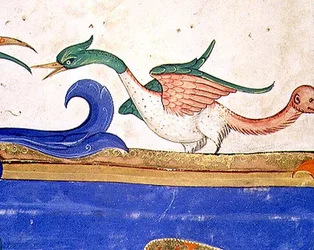 Messukirja 515, fol. 72v: Mielikuvituksellinen lintu, jonka hännässä on apinankasvot, yksityiskohta ennen vuotta 1449 valmistetusta kuorokirjasta (yksityiskohta teoksesta 56719)