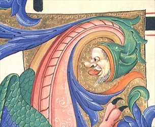 Missal 515 f.73v Zoomorfinen lehdet, jotka kuvaavat miehen päätä kasvoja vetämässä, yksityiskohta ennen vuotta 1449 toteutetun kuorokirjan historiallisen nimikirjoituksen koristeesta (vellum)