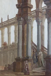 Arkkitehtoninen maalaus, öljy puulle, salongin ikkunaluukut, kuningattaren asunto, metsästysasunto, Filippo Juvarra (1678-1736), Stupinigi, Piemonte, Italia