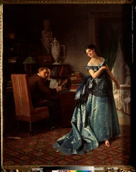Muotinainen, valmistautuminen palloon - Firs Sergeevich Zhuraviev (1836-1901) maalaus, öljy kankaalle