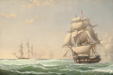 Yhdysvaltain fregatti "presidentti" ottamassa mukaan brittilentueen, 1815
