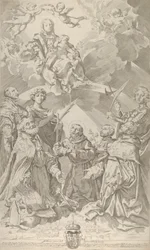 Bolognan suojeluspyhimykset katsovat ylöspäin Neitsyt, joka istuu pilvissä..., 1640-50.