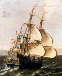 Itä-Intian hollantilaisen yrityksen galleon Flanderin koulun nimetön maalaus. 1600-luvun Museo Navale, Genes