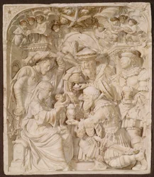 Adoration of the Magi, alabasteri ja maalattu kullattu reliefi, flaami, kaiverrettu "A.H.", n. 1540