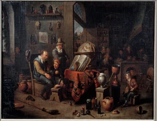 Apteekkari Laboratorionsa apteekki auttaa oppilaitaan ja ympäröi hänen instrumenttejaan, kolvia, karttaa, still-kuvia. Takana kaupan tiski. Flanderin koulun maalaus. 1500-luvun Metz, Kuvataidemuseo