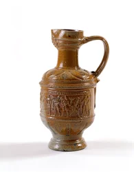 Olutkannu, valmistettu Raerenissa, Belgiassa, n. 1580-1600 (suolalasitettu kivitavara)