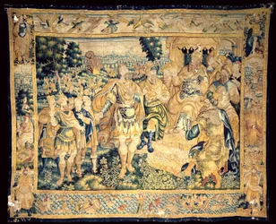 Katedraali. Sisustus. Flanderin kuvakudos. Juudas Makkabeuksen (?) historia. Alkuperä Oudenaarde. Tuntemattomia jälkiä alhaalla. Noin 1575-1610.