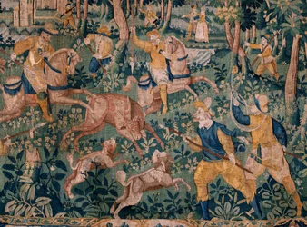 Flanderin kuvakudos. Hirvenmetsästys (hirven metsästys). Oudenaarden ateljee. 295x331 cm. Lasku (82941)-1 / YKSITYINEN. 17. vuosisata.