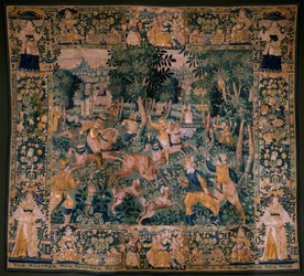 Flanderin kuvakudos. Hirvenmetsästys (hirven metsästys). Oudenaarden ateljee. 295x331 cm. Lasku (82941)-1 / YKSITYINEN. 17. vuosisata.