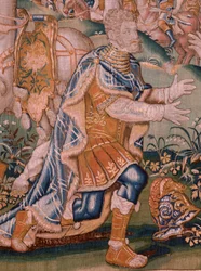 Flanderin kuvakudos. Aleksanteri ennen ylimmäistä pappia Iaddoa (Aleksanteri ennen ylipappi Iaddoa). Oudenaarden ateljee. 374x447cm. Lasku(830-B)4 00010. 1600-luku.