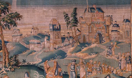 Flanderin kuvakudos. Aleksanteri ennen ylimmäistä pappia Iaddoa (Aleksanteri ennen ylipappi Iaddoa). Oudenaarden ateljee. 374x447cm. Lasku(830-B)4 00010. 1600-luku.