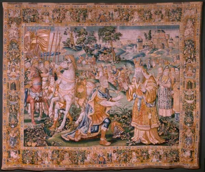 Flanderin kuvakudos. Aleksanteri ennen ylimmäistä pappia Iaddoa (Aleksanteri ennen ylipappi Iaddoa). Oudenaarden ateljee. 374x447cm. Lasku(830-B)4 00010. 1600-luku.