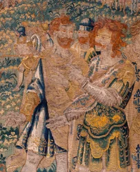 Flaamilainen tapetti. Hannibalin veli Hasdrubal roomalaisten vangiksi. Oudenaarden ateljee. 347x407cm. Inv 00005.