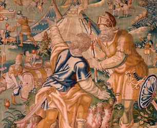 Flanderin kuvakudos. Sotilasleiri lähellä Granikos-jokea. Oudenaarden ateljee. 377x393 cm. Lasku 83104-9 /00011. 17. vuosisata.