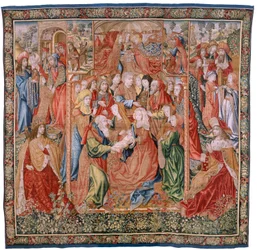 Flanderin kuvakudos. Sarja Episodes from the Life of the Virgin; Esitys temppelissä (Presentación en el Templo). Sarjan toinen kuvakudos. Jan van Roomen (tai van Brusselin) nimissä olevat mallit. Valmistus Pieter van Aelst, Bryssel. Noin 1502-1504.