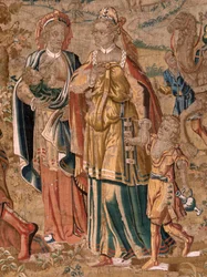 Flanderin kuvakudos. Sarja Esau ja . Jaakobin ja Esaun tapaaminen (Encuentro entre Jacob y Esaú). Sarjan kolmas kuvakudos. Valmistus Alankomaat, 1500-luvun toinen puoli. Kangas Villa. Sijainti Barin Pyhän Nikolauksen kirkko (museo avattu