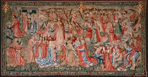 Flanderin kuvakudos. Sarja Ihmisen lunastus tai paheet ja hyveet. Kristus nousee taivaaseen ja ihminen lunastetaan Jumalan edessä (Cristo asciende al Cielo y el Hombre se redime ante Dios). Sarjan yhdeksäs kuvakudos (neljäs niistä, joita säilytetään Palenc