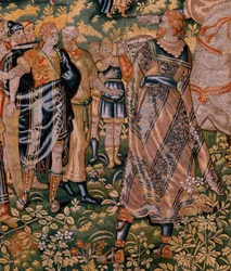 Flanderin kuvakudos. Sarjan tarina Cyrusista. No II Astyages tunnistaa Cyroksen (Ciro reconocido por Astiages). Anonymous, perustuu Michiel Coxcieen. Atelier Antwerpen. Silkki ja villa. Noin 1590.