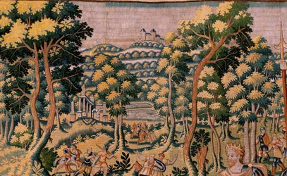 Flanderin kuvakudos. Sarjan tarina Cyrusista. No II Astyages ei tunnista Cyrus (Ciro reconocido por Astiages). Anonymous, perustuu Michiel Coxcieen. Atelier Antwerpen. Silkki ja villa. Noin 1590.