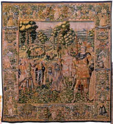 Flanderin kuvakudos. Sarjan tarina Cyrusista. No II Astyages tunnistaa Cyroksen (Ciro reconocido por Astiages). Anonymous, perustuu Michiel Coxcieen. Atelier Antwerpen. Silkki ja villa. Noin 1590.