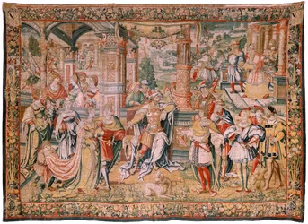Flanderin kuvakudos. Sarjan tarina Davidista. Daavid ennen Saulia (David ante Saúl). Malli Bernard van Orley. Valmistus Brysselissä. Ca1525. Kangas Silkki ja villa. Koko 560 x 410 cm. Sijainti Burgosin katedraali. Alkuperä Katedraalin testamentti vuonna 15