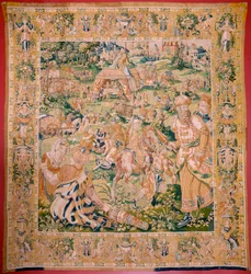 Flanderin kuvakudos. Sarja: The Book of Judith. Holofernesin juhla (El banquete de Holofernes). Sarjan kuudes kuvakudos. Valmistus: Alankomaat, Bryssel(?). 1500-luvun toinen puoli. Kangas: Villa. Sijainti: Barin Pyhän Nikolauksen kirkko (m