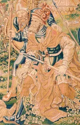 Flanderin kuvakudos. Sarja Judith kirja. Holofernesin pään mestaus (La decapitación de Holofernes). Seitsemäs kuvakudos sarjassa. Valmistus Alankomaat, Bryssel(?). 1500-luvun toinen puoli. Kangas Villa. Sijainti Pyhän Nikolauksen kirkko