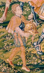 Flanderin kuvakudos. Sarja Judith kirja. Sota tulee Juudaan (Llega la guerra a Judá). Sarjan neljäs kuvakudos. Valmistus Alankomaat, Bryssel(?). 1500-luvun toinen puoli. Kangas Villa. Sijainti Barin Pyhän Nikolauksen kirkko (museo o