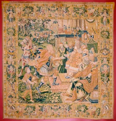 Flanderin kuvakudos. Sarja Judith kirja. Sota tulee Juudaan (Llega la guerra a Judá). Sarjan neljäs kuvakudos. Valmistus Alankomaat, Bryssel(?). 1500-luvun toinen puoli. Kangas Villa. Sijainti Barin Pyhän Nikolauksen kirkko (museo o