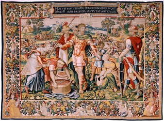 Flanderin kuvakudos. Sarja Hannibalin historia. Cannaen ryöstö (El botín de Cannas). Neljäs kuvakudos säilyneistä. Mallit Anonyymi Hollannin mestari. Valmista Brysselin työpajoja. Noin 1570. Kangas Villa ja silkki, 6,5/7 loimi/cm