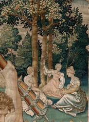 Flanderin kuvakudos. Sarja Herkuleen työt. Hercules Hesperides-puutarhassa (Hércules en el jardín de las Hespérides). Viides kuvakudos säilyneestä sarjasta. Malli Tuntematon. Valmistus Willem Dermoyen, Bryssel. Noin 1528. Kangas Silkki ja villa.