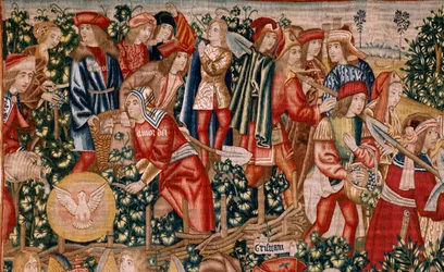 Flanderin kuvakudos. Sarja Vertaus työläisistä viinitarhassa. Denaarin maksu (El pago del denario). Sarjan toinen kuvakudos. Valmistus Brysselissä, Pieter van Aelstin työpajat (?). Noin 1500. Kangas Silkki ja villa, 6 loimi/cm.