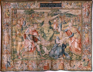 Flanderin kuvakudos. Sarja Seitsemän hyvettä. Oikeus (La Justicia). Malli perustuu Michiel Coxcieen. Valmistus Brysselissä. Valmistaja Frans Geubels. Noin 1560-1570. Kangas Silkki ja villa. Koko 330 x 450 cm. Sijainti Burgosin katedraali. Alkuperä Testamen